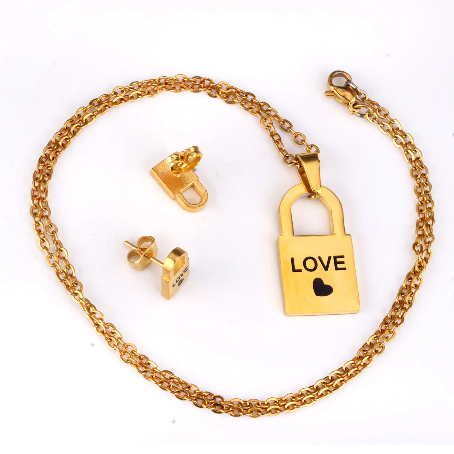 LUXUSTEEL bridal necklace set Stainless Steel Lock Pendant Necklace Earrings Brinco Party Gold Colro Collars Choker | Украшения и