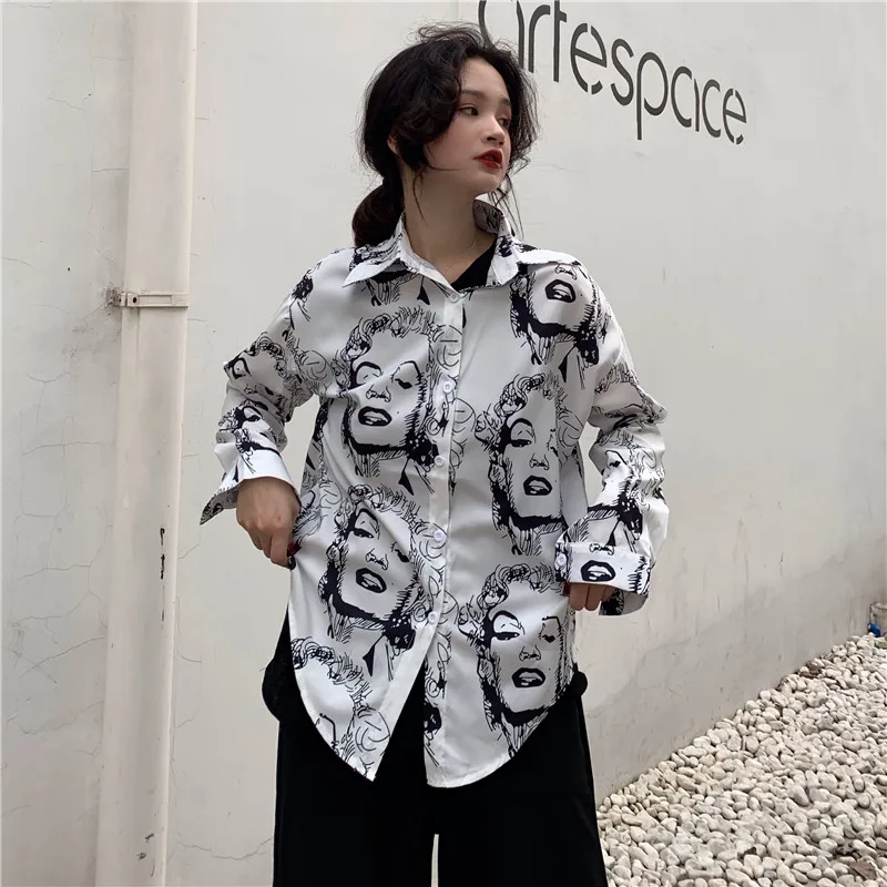 

New High Quality Ulzzang Harajuku Shirt Korean Boyfriend Style Loose Personal Beauty Printed Long Sleeve Women's Shirts