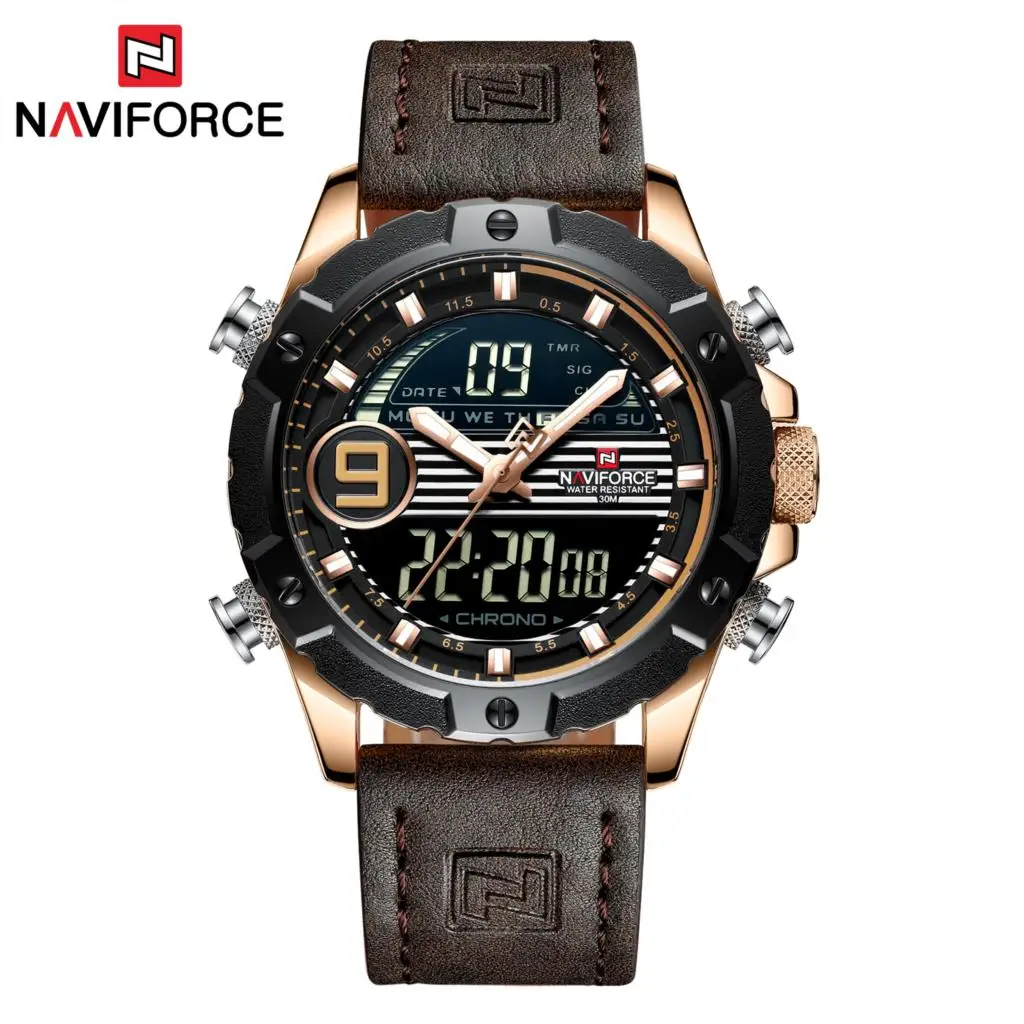 Brown Gold NAVIFORCE брендовые новые синие мужские часы кожаный Спортивный Хронограф военные кварцевые часы Аналоговые Цифровые 3ATM водонепроницаемые - Цвет: Brown Gold