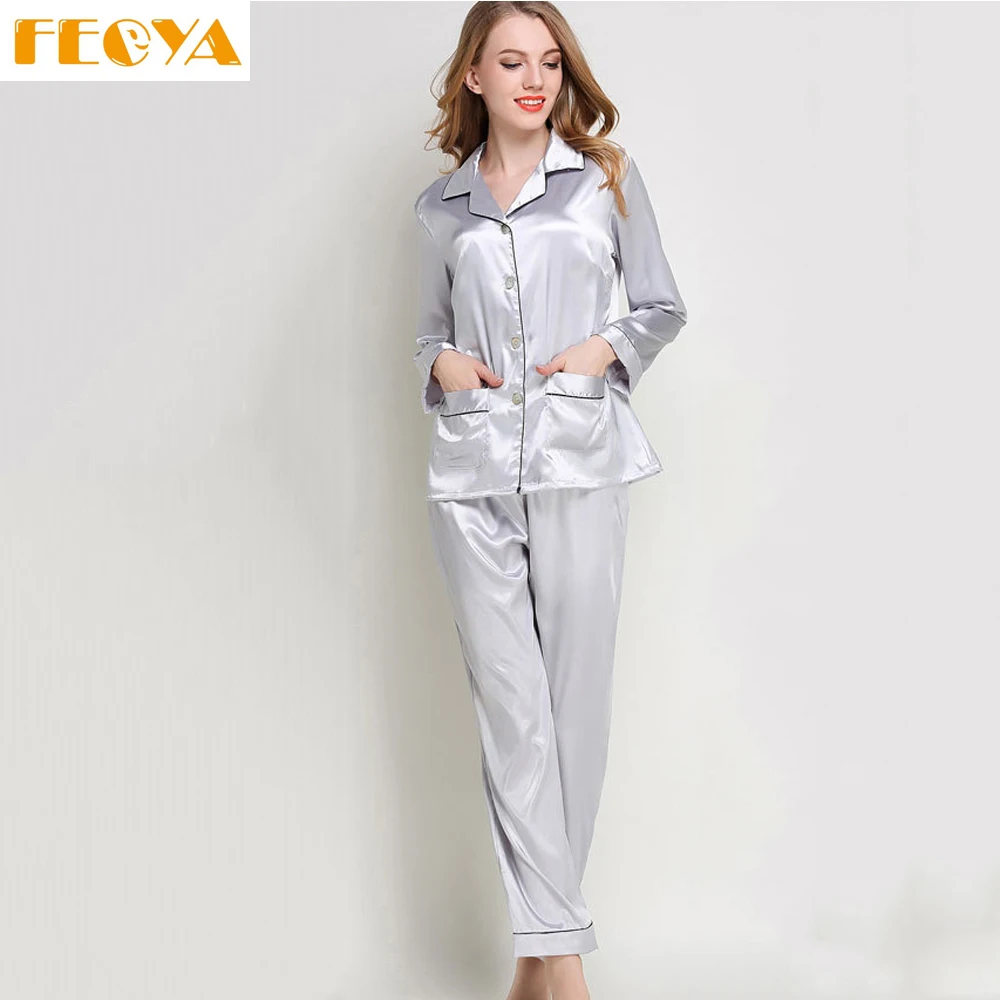 2017 Spring Autumn Women Pajamas Sleepwear Suit Set Sex Nightgown Femme Silk Loose Solid Long Sleeve Tops+Pants Style | Женская одежда