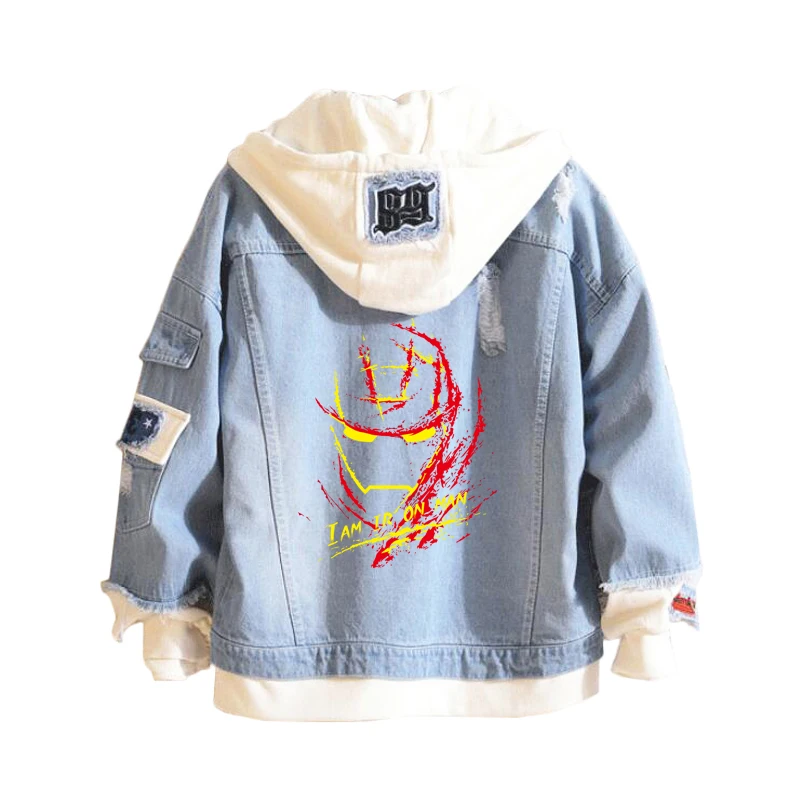 Лидер продаж, толстовка супергероя Marvel, Железный человек, унисекс, ковбойская, поддельные, две части, толстовка, джинсовая куртка, Студенческая куртка