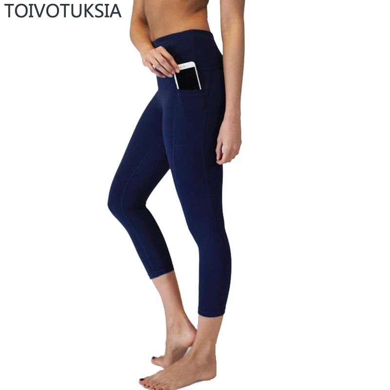 

TOIVOTUKSIA Black Capri Leggings Plus Size Sexy Fitness Sporting Pants with Pocket Mid-Calf Trousers