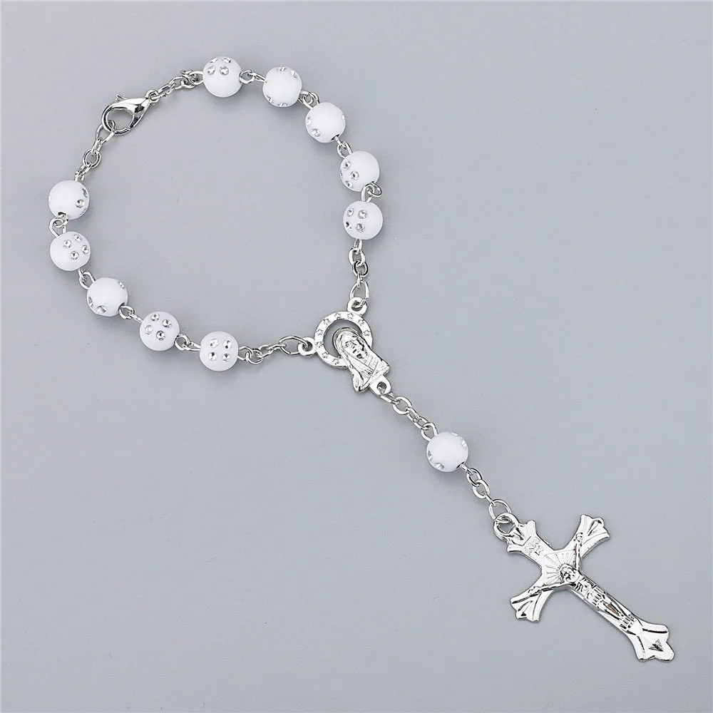 

Religious White Acrylic Beads Catholic Prayer Bracelet Christian Jesus Alloy Cross Holy Lady Mary Link Chain Bracelet Wholesale