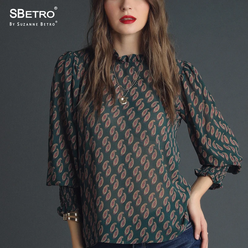 SBetro шифоновая шаль блузки печати рюшами Mockneck длинный шарик рукав Осень Туника