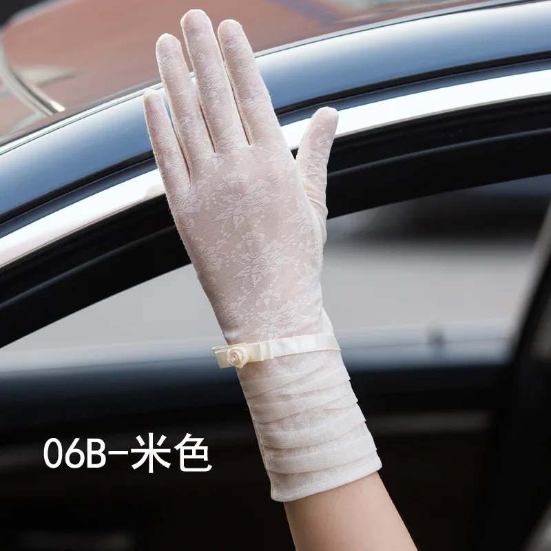 B Beige Сексуальные весенние летние женские короткие перчатки с УФ-защитой от солнца и сенсорным экраном, модные женские тонкие шелковые кружевные перчатки с жемчугом для вождения 06AB - Цвет: B Beige