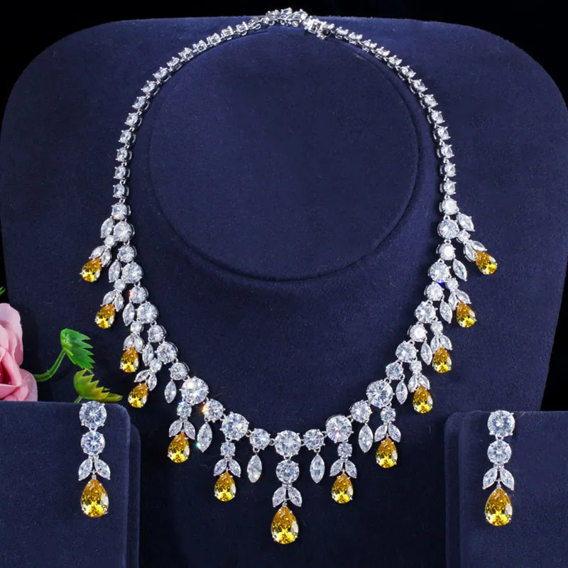 Yellow BeaQueen Роскошные африканские кубические циркониевые бусины комплект ювелирных изделий нигерийские Свадебные желтые свадебные наборы для женщин JS091 - Окраска металла: Yellow