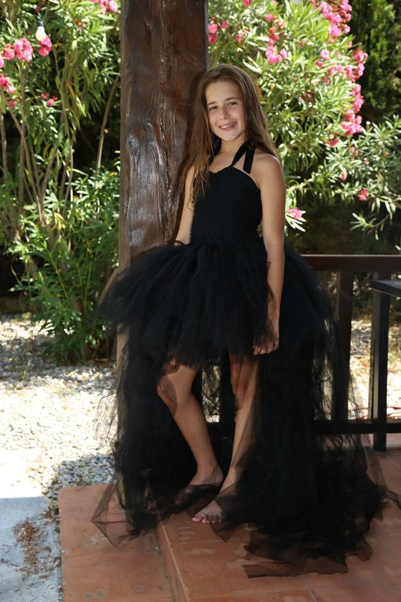 POSH DREAM Black Ceremonial Girl Tutu Dress with Long Train Bridesmaid Wedding Flower for Girls Birthday Christmas | Детская одежда и
