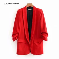 chic candy solid color ruched cuff mid long blazer with lining woman shawl collar slim fit suit casual jacket coat outerwear