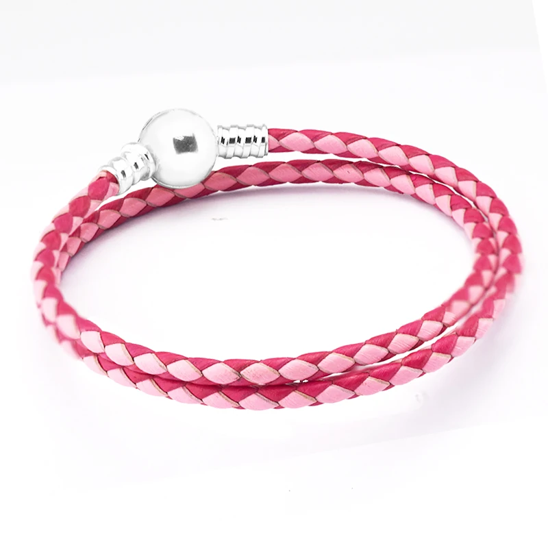 

Mixed Pink Woven Round Clasp Leather Bracelets 100% 925 Authentic Sterling Silver-Jewelry Free Shipping