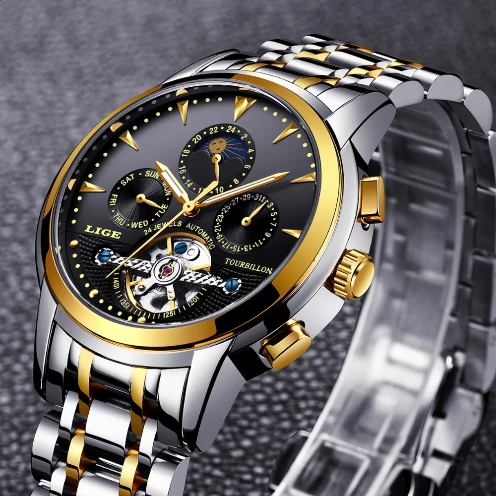 Топ люксовый бренд LIGE Мужские механические Tourbillon стальные часы Moon