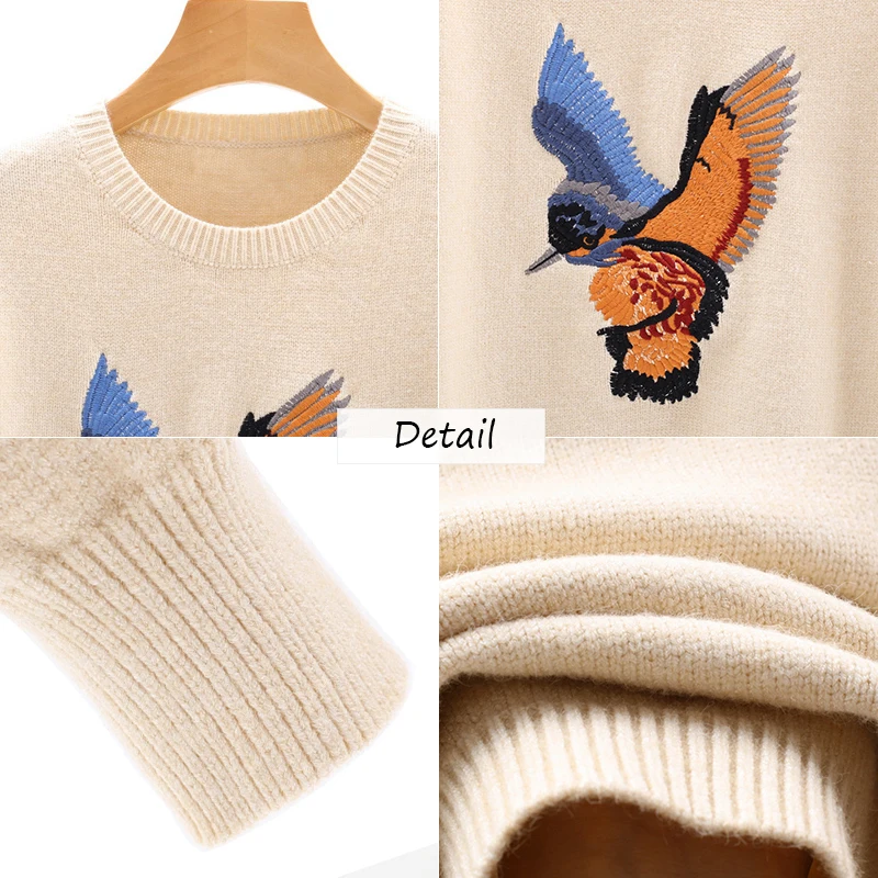 2017 Осень Зима укороченный свитер женский птица вышивка короткий Пуловеры с