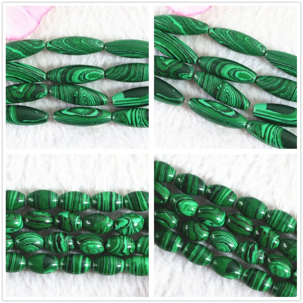 

Бесплатная доставка, элегантные искусственные бусины зеленого малахита, 8x12 мм 10x30 мм, в форме рисовой бочонка, россыпью, для самостоятельног...