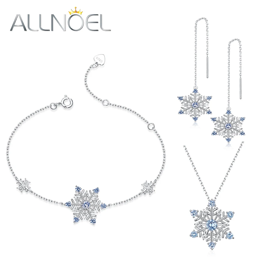 

ALLNOEL Jewelry Sets 925 Sterling Silver Natural Blue Spinel Snowflake Necklace&Earrings&Bracelet Jewelry Party Sets For Women