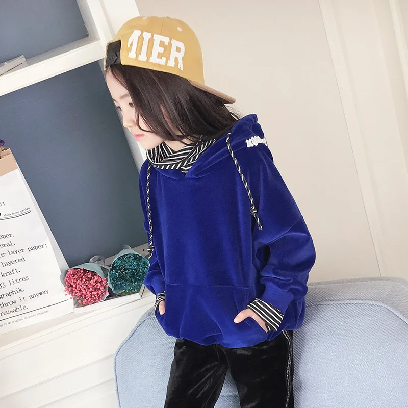 2017 Winter Girls gold velvet backing shirt children high collar striped hooded fake two sweater | Детская одежда и обувь