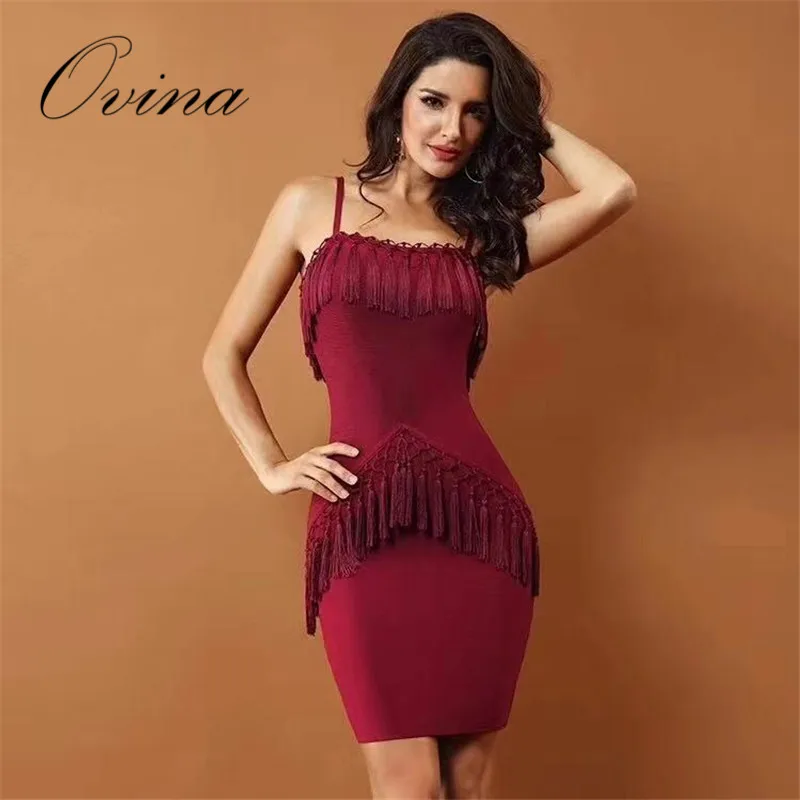 

New Arrival Sexy Strap Tassel Mini Solid Bodycon Women Dress Rocking Party Dress