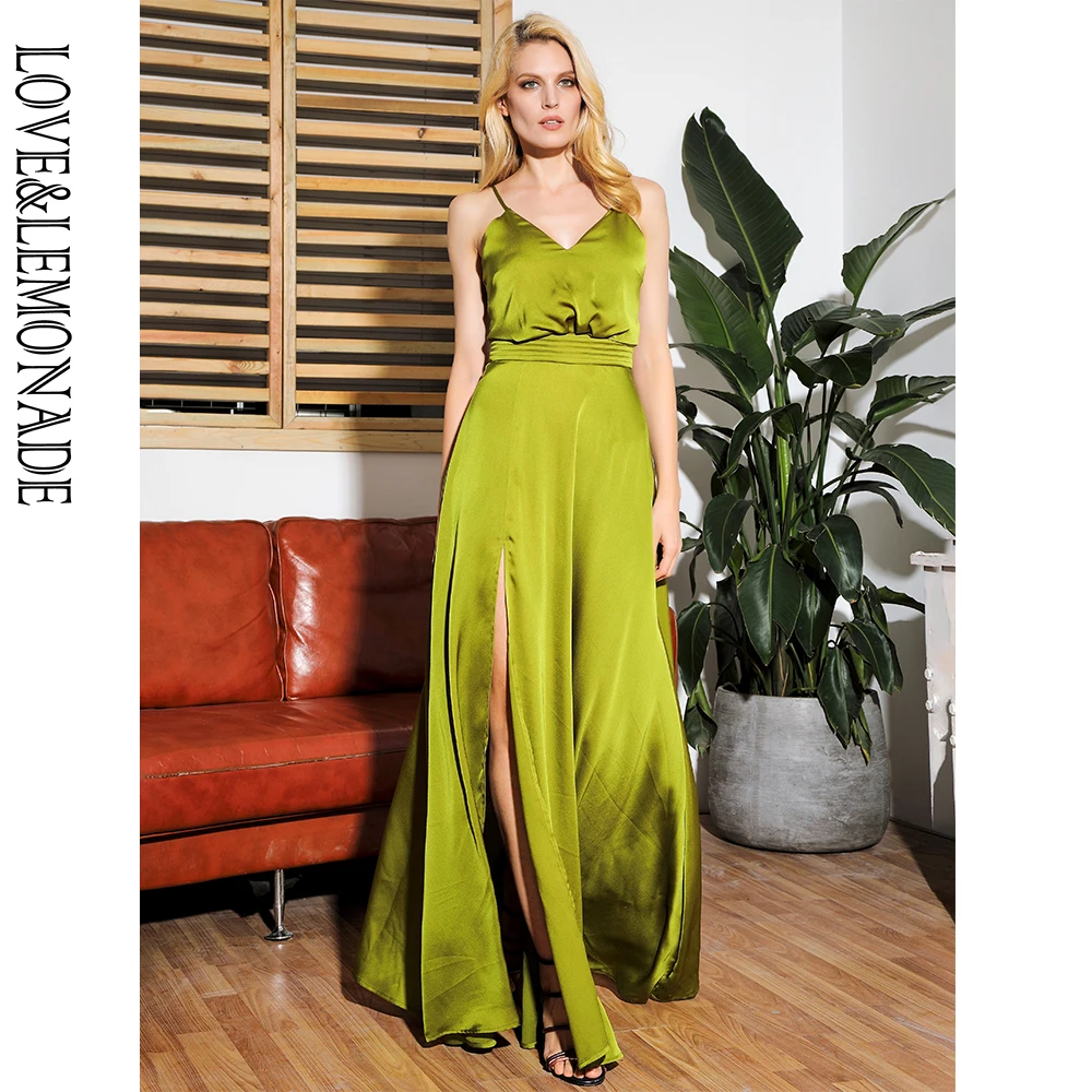 Женское пляжное платье LOVE & LEMONADE зеленое пушистое на бретельках с V образным