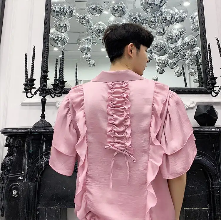 Harajuku Мужская кружевная рубашка с коротким рукавом свободная шелковая