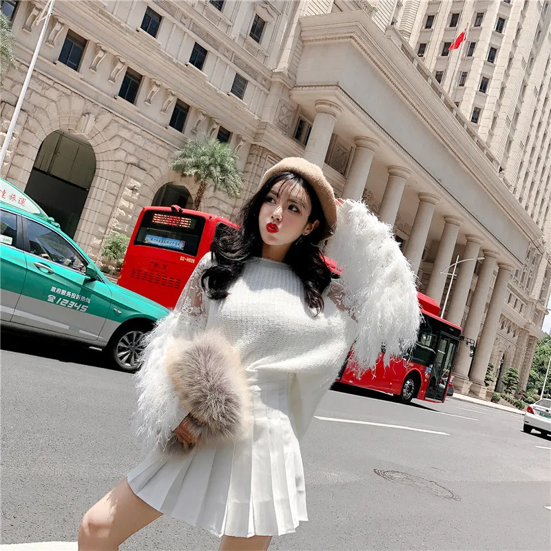 Tassel Mesh Patchwork Fluffy Women Sweaters 2018 Autumn Winter Crochet Cashmere Elegant Pullovers Sweet Knitted Sweater 1214 | Женская