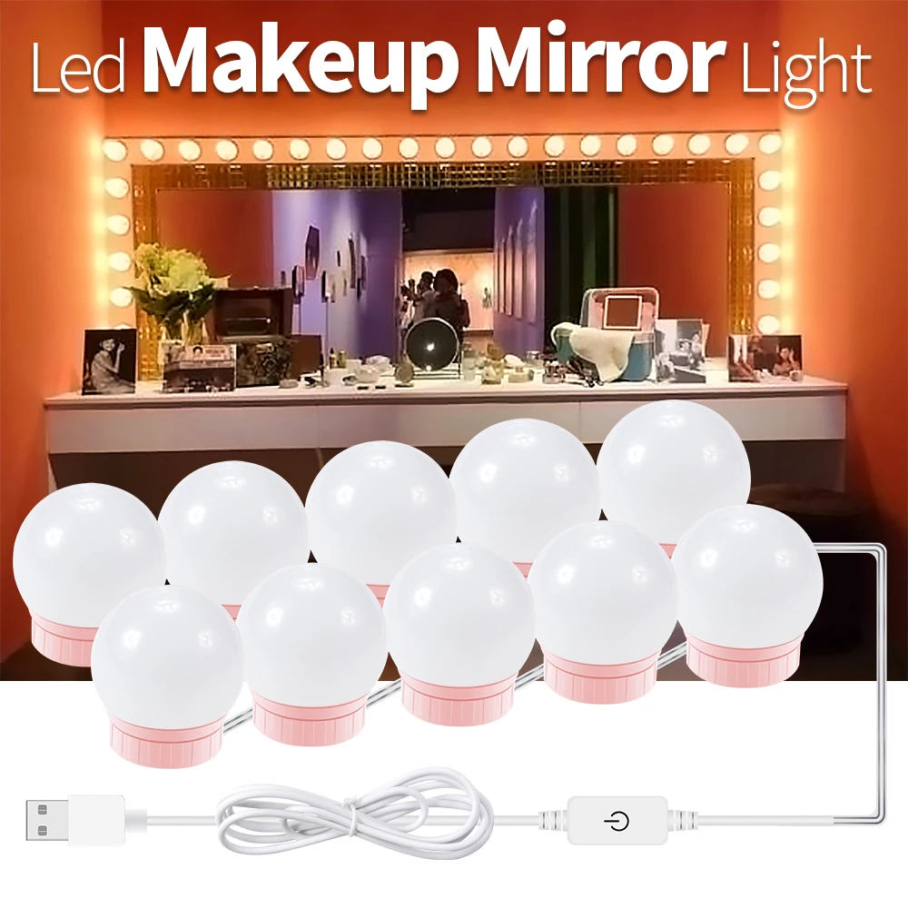 USB LED Vanity Mirror Light 12V Dressing Table Light Bulb Hollywood Makeup LED Lamp Stepless Dimmable LED Wall Lamp 2 6 10 14PCS