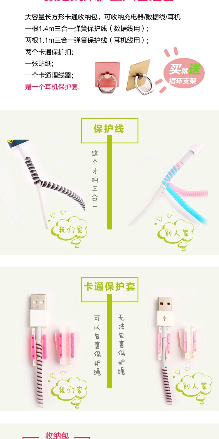 Мультяшный usb-кабель протектор для наушников комплект с коробка для наушников кабель Стикеры для намотки спиральный usb-шнур с зарядным устройством для iphone 5s 6 6s 7