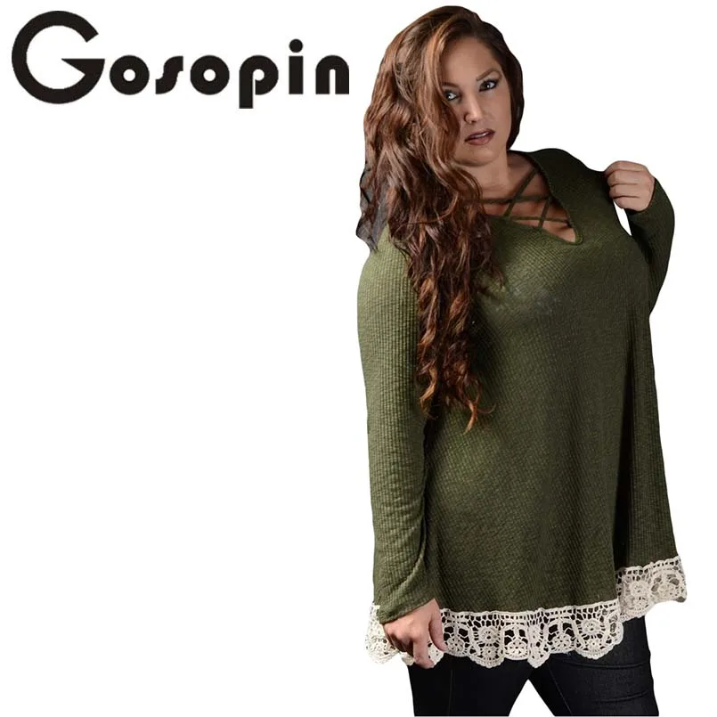 Gosopin/большие размеры осенне-зимние футболки с v-образным вырезом женские