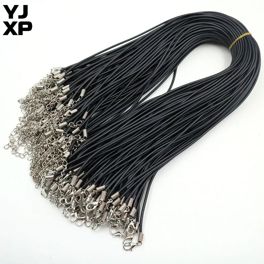 

100pcs/lot Wholesale 53+6 cm lobster clasp 2mm Black Leather Wax Rope Chain Necklace DIY String Strap Rope Jewelry Accessories