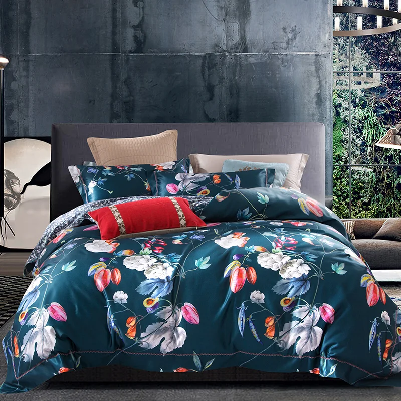 4 шт. Новые Роскошные Tencel хлопок Красочные постельные принадлежности с цветами Набор цифровой пододеяльник с рисунком комплект простыня наволочка queen King size