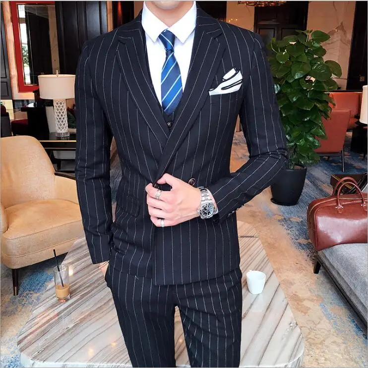 

British Gentleman Business Suits For Men Black Blue Striped Bridegroom Wedding Blazers Suits Size S-3XL