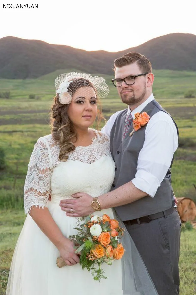 Красивые короткие кружевные свадебные платья до середины икры с длинным рукавом