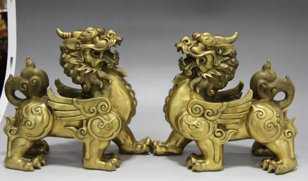 

chinese Brass Copper Guard Foo Dog Lion Kirin beast brave troops god Beast Pair