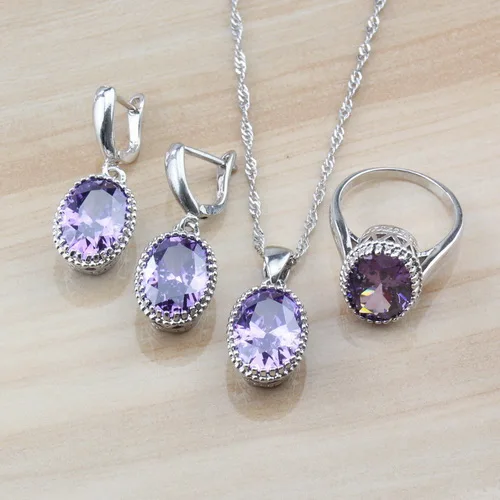 Purple 3PCS Овальные фиолетовые кубические циркония свадебные ювелирные наборы из серебра 925 пробы для женщин модный костюм серьги/ожерелье/браслет и кольцо наборы - Окраска металла: Purple 3PCS