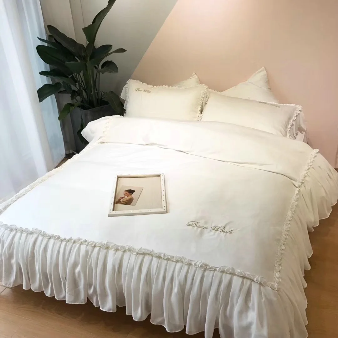 Korean version ruffled 60s long-staple cotton bedding white lace queen king quilt cover kit wedding set comforter sets | Дом и сад