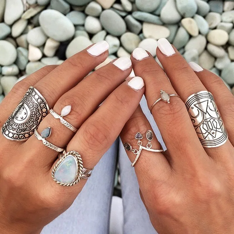 Европа богемное имитация тибетского серебра палец кольцо ширина цветок внешней