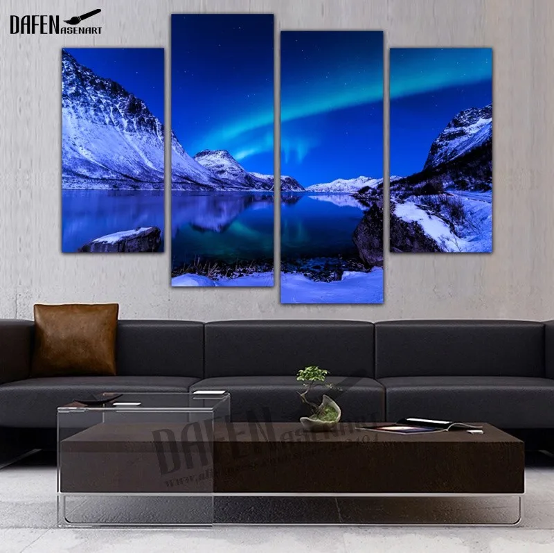 4 панели Настенная картина в рамке ночь Аврора Borealis снег изображение горного