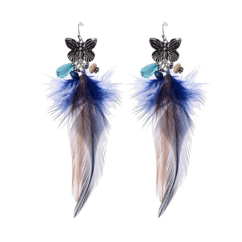 Женские серьги с голубым пером и бабочкой Осенние пушистые аксессуары для