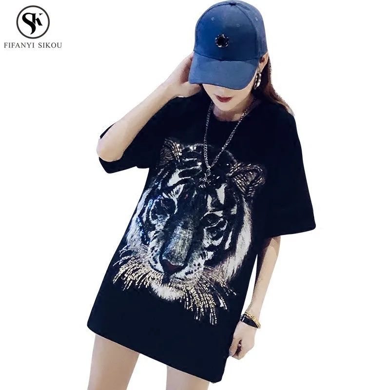 Летняя женская одежда уличная Блестящая футболка с принтом тигра Женская