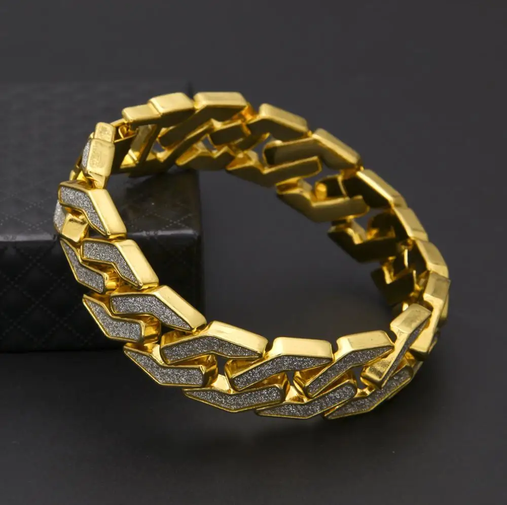 Sand Blast Bracelet Cuban Chain Link Alloy Iced Out Hip Hop Gold Silver Color Bling Crystal Heavy 15MM for Mens Bracelets 8.6" image 5