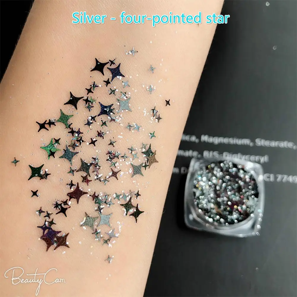 Silver 2 в 1, косметические блестки, блестки, тени для век, фестиваль, звезда, луна, мерцающие, для тела, для лица, корейская косметика, инструмент и дизайн ногтей, сделай сам, украшение - Цвет: Silver