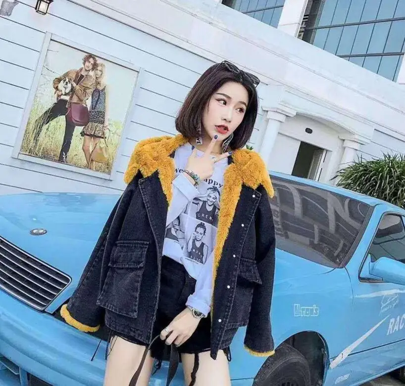 

Spring and autumn new plus velvet thick denim coat women short coat fur collar hooded cotton suit