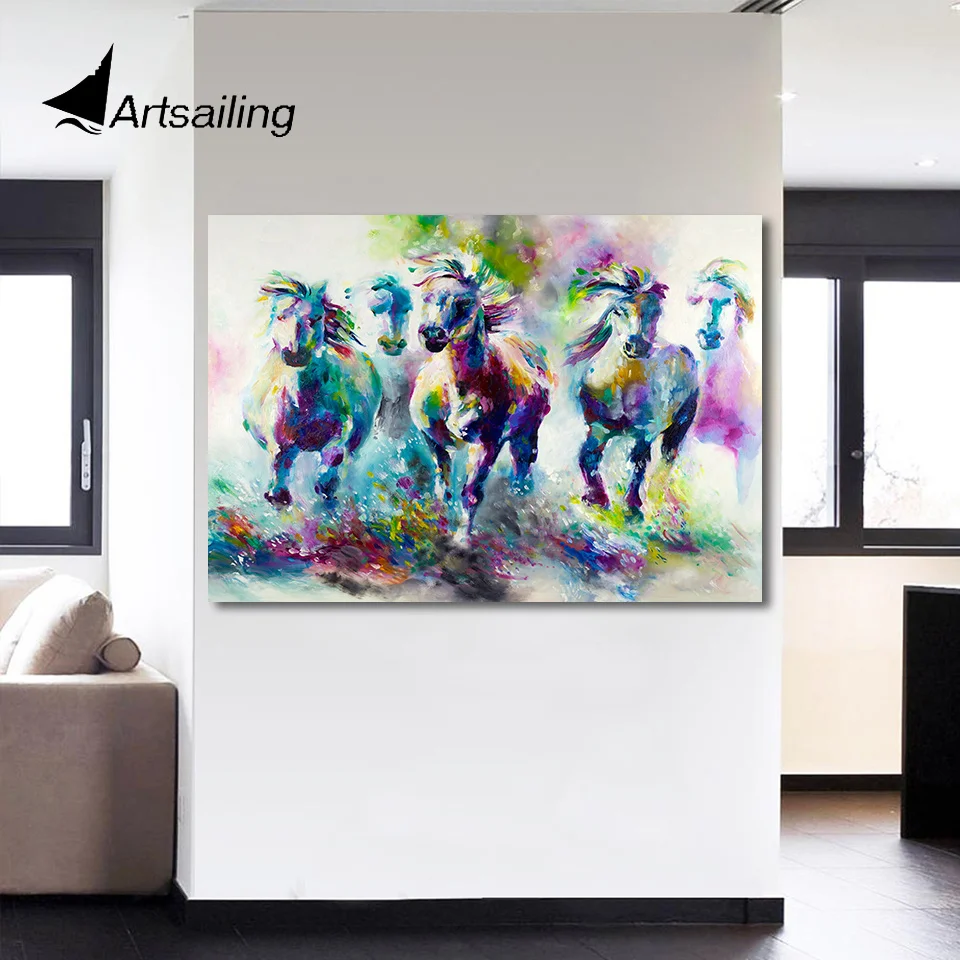ArtSailing HD Printed 1 Piece Running Horses Canvas Prints Watercolor wild Horse Picture Print For Home Decor Posters and | Дом и сад