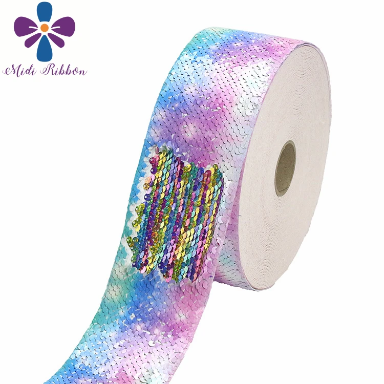 

3"75mm Scale Series Mermaid Tail Colorful Galaxy Printed Double Reversible Hologram Rainbow Sequin Ribbon DIY Hair Bows 46yards