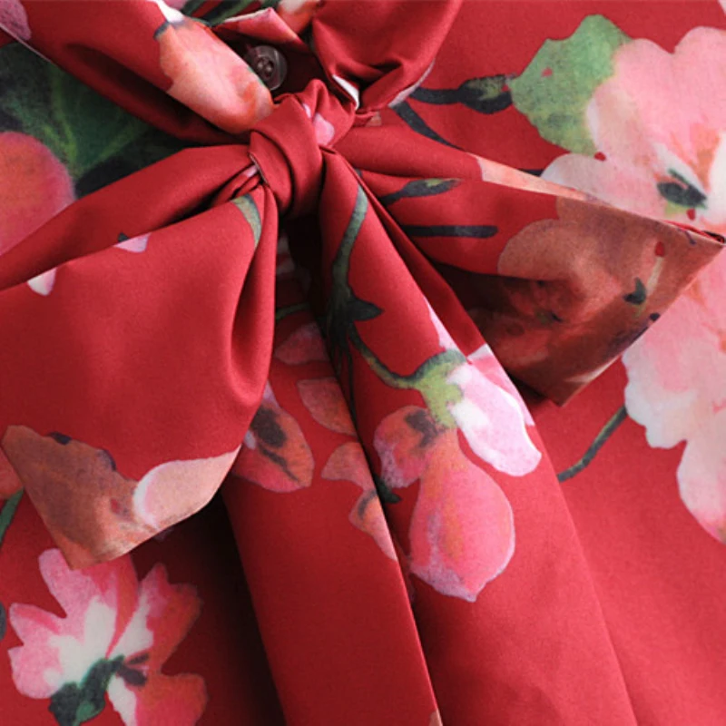 Повседневная Блузка Цветочный принт Бабочка LED Дизайн теплый красный с лацканами