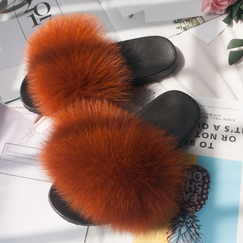 caramel color ZDFURS/; модные шлепанцы с лисьим мехом; шлепанцы без задника с натуральным мехом; Летние вьетнамки; повседневные Модные босоножки с лисьим мехом; модная плюшевая обувь; - Цвет: caramel color