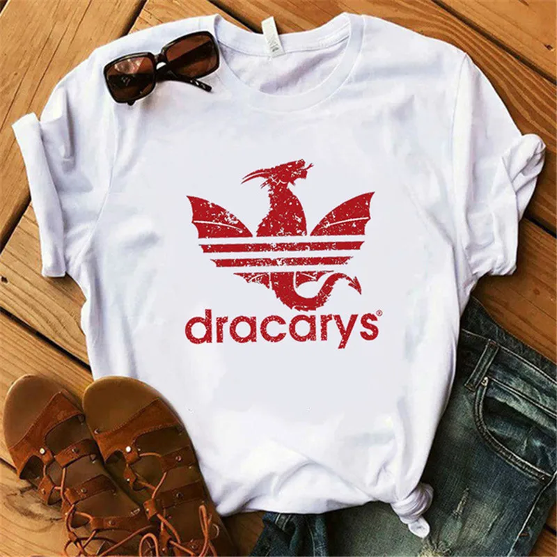 Showtly Dracarys GAME OF THRONE Female T Shirt Women Summer Dragon Print White Casual Plus Size Streetwear Fashion T shirt