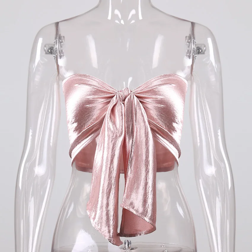 2019 Summer New Satin Silk Casual Bow Lace Up Club Party Crop Top Sexy Off The Shoulder Backless Wrap Tank Women 72160 | Женская одежда