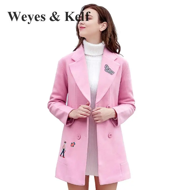 Weyes &amp кепф розовое шерстяное пальто с вышивкой из мультфильма для женщин милые