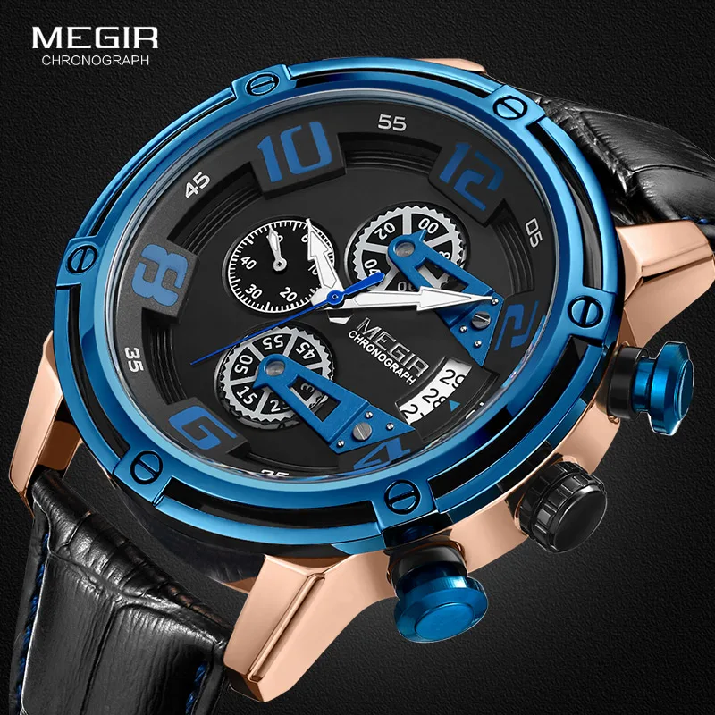

MEGIR Chronograph Sport Watch Men Leather Strap Creative Quartz Watches Clock Men Military Wristwatch Reloj Hombre Montre Homme