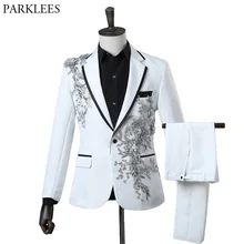 Blazer masculino com lantejoulas florais, traje em duas peças branco com um botão (jaqueta + calça), vestuário para cantoras e palcos de festa (4)