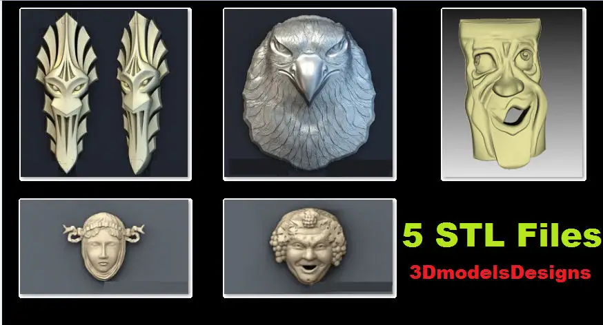 

5 Pc 3d STL Model for CNC Router Engraver Carving Machine Relief Artcam Aspire "Faces" CNC files (ES)