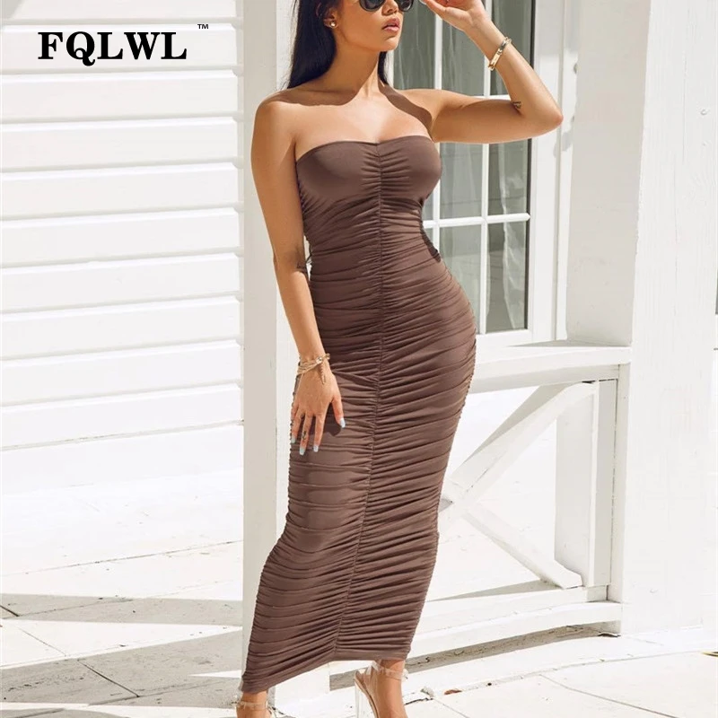 Женское длинное платье с открытыми плечами FQLWL облегающее Плиссированное Платье